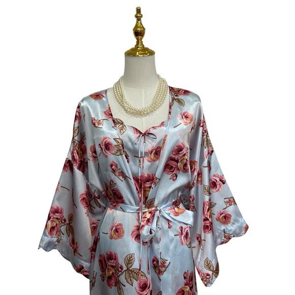 Serenada 2 Pc Blue Floral Satin Nightgown & Robe Sleepwear Set size 2X 22/24 - Picture 3 of 15